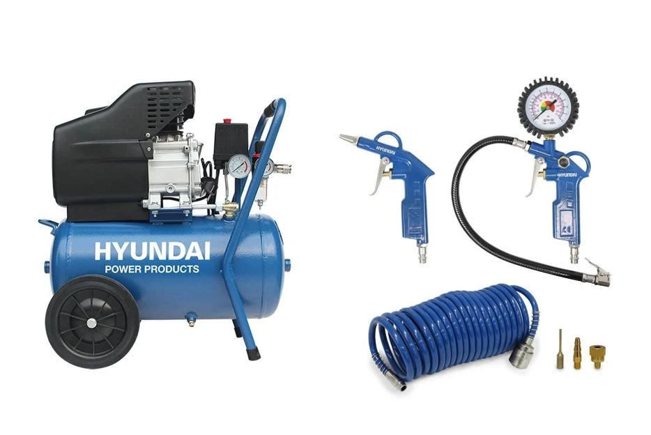 Hyundai 55801 Set Compressor Inclusief Accessoireset - 8 Bar - 24L - 55801 + 55902 1 Hyundai 55801 Set Compressor Inclusief Accessoireset - 8 Bar - 24L - 55801 + 55902