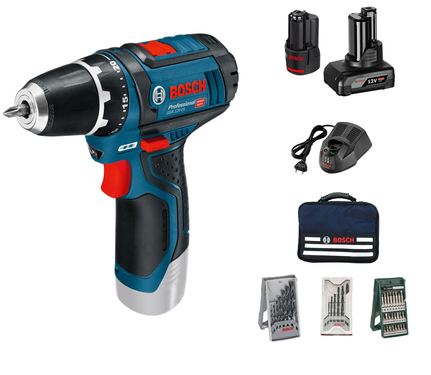 Bosch GSR 12V-15 12V Li-Ion Accu Boor-/schroefmachine Set (1x 4.0Ah + 1x 2.0Ah Accu) In Tas Incl. 39-delige Accessoireset - 0615990G6L 1 Bosch GSR 12V-15 12V Li-Ion Accu Boor-/schroefmachine Set (1x 4.0Ah + 1x 2.0Ah Accu) In Tas Incl. 39-delige Accessoireset - 0615990G6L