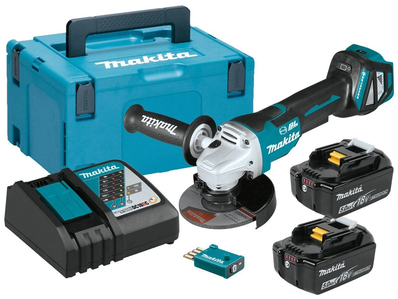 Makita DGA518RTJU 18V Li-Ion Accu AWS Haakse Slijper Set (2x 5.0Ah Accu) In Mbox - 125mm - Koolborstelloos 1 Makita DGA518RTJU 18V Li-Ion Accu AWS Haakse Slijper Set (2x 5.0Ah Accu) In Mbox - 125mm - Koolborstelloos